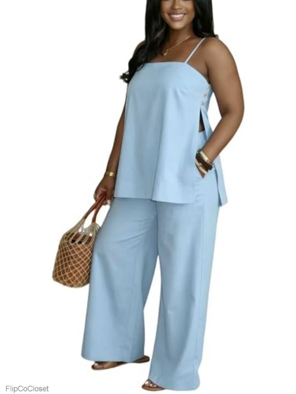 Women 2 Piece Outfit Sleeveless Tie Shoulder Top Wide Leg Pants Set Casual